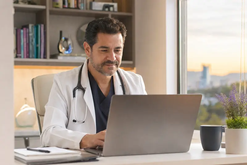Médico revisando en su laptop los resultados de su clínica