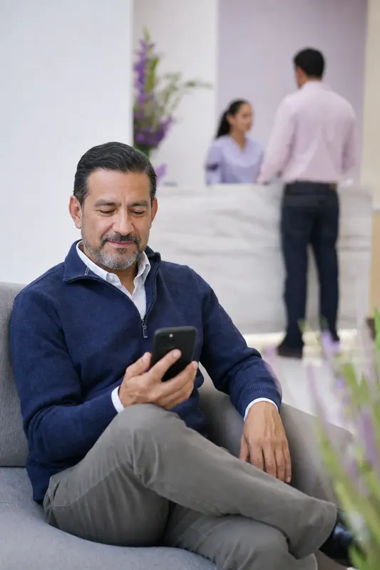 Hombre confirmando su cita por WhatsApp en la sala de espera